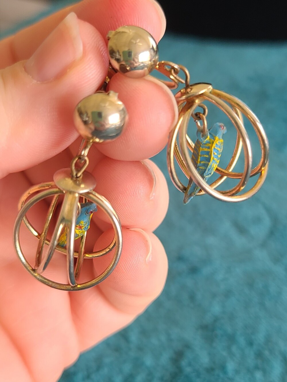 Vintage Gold-Tone Parrot Cage Drop Earrings in Blue & Yellow